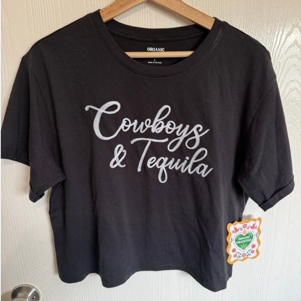 NWT Organic Collective Cowboys & Tequila Embroidered oversized Crop Tee L